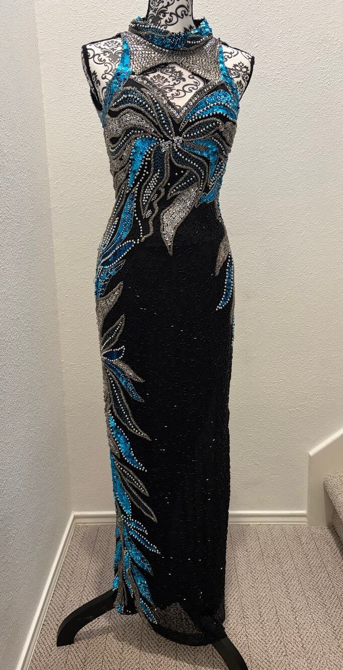 Vintage Sho Max Originals 100% Silk Beaded Sequin Gown S Black Turquoise Formal